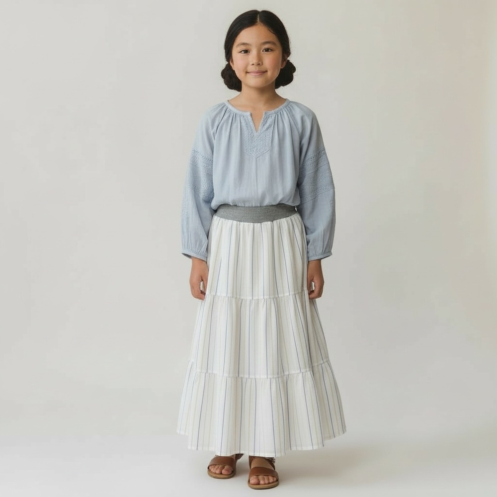 Skirt Girl 8 Maxi 100% Cotton White Stripe Lined Ruffle‎ Tier Mom and Pop's Kids